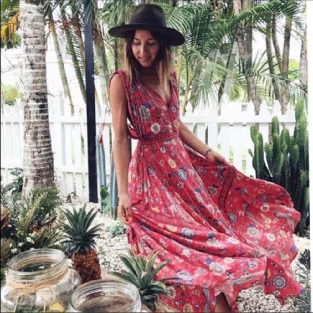 Red Boho Floral Bird Gypsy Print Maxi Long - Picture 2 of 9